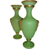 Pair of French Green Opaline Glass Urns