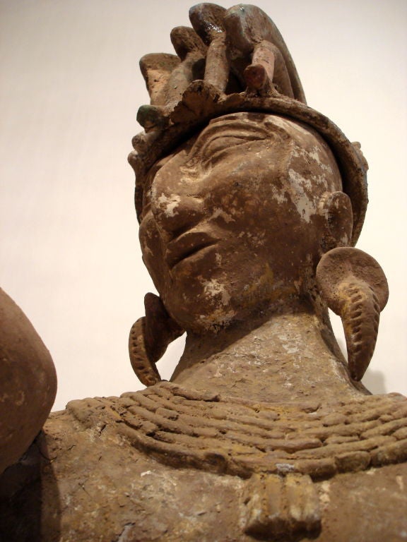 Monumental Terracota Figure of Mayan Warrior.  By repute, one of a series created for the Inaugural Exhibit of the Anthropology Museum in Mexico City.  In three parts.  Wood kiln fired, remnants of polychrome glazes.  Ex private collection.