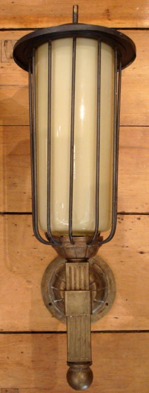Pair of Exterior Carriage or Wall Lights with original tan colored glass shades
