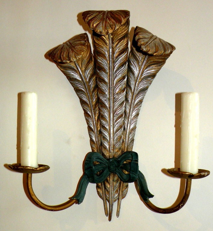 Set of Four Mid Century Prince of Wales Feather Two Arm Sconces or Wall Lights.