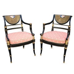 Pair of Period Regency Black Painted and Gilt Armchairs