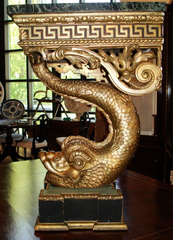 Mid Nineteenth Century Dolphin Parcel Gilt Console Table with Marble Top in the style of William Kent