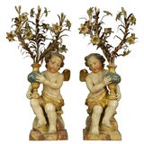Antique Pair of Painted Winged Angel Candelabra