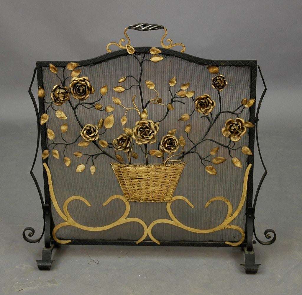 Italian Metal Fireplace Screen with Gold Floral Basket Filled with Flowers, circa 1920's.