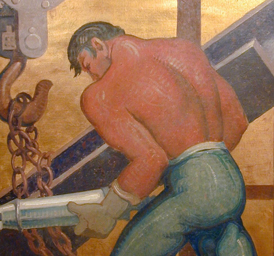This iconic image of a Depression-era riveter high atop an Art Deco skyscraper was painted by Vincent Maragliotti, one of the most prolific muralists of his day.  No doubt created in preparation for a larger wall mural, this painting is signed and