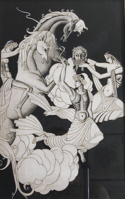 This virtuosic pen-and-ink drawing shows several gods cavorting with wild-maned horses in an Art Deco galaxy.  All the figures are perfectly stylized as if parading across a classical frieze, yet the scene is highly theatrical and energized.  The