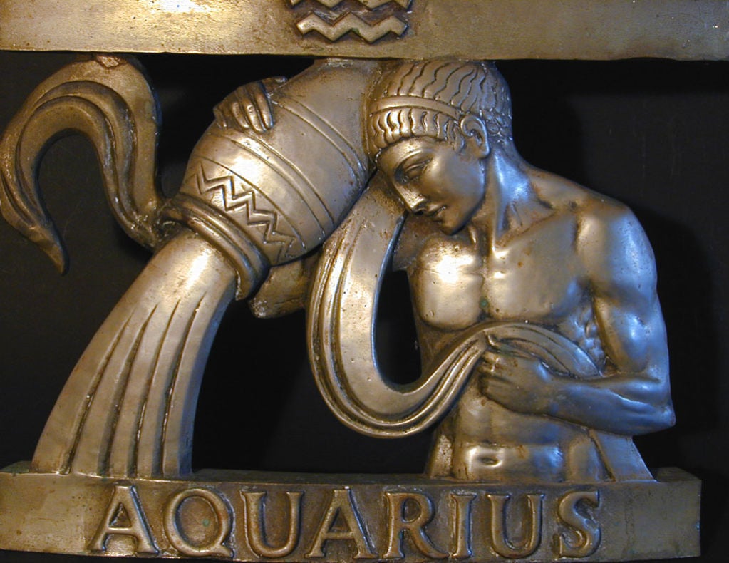 Sculpted and cast for a building facade in the 1930s, this exceptional panel was executed in nickeled bronze, one of a set that celebrated the signs of the Zodiac.