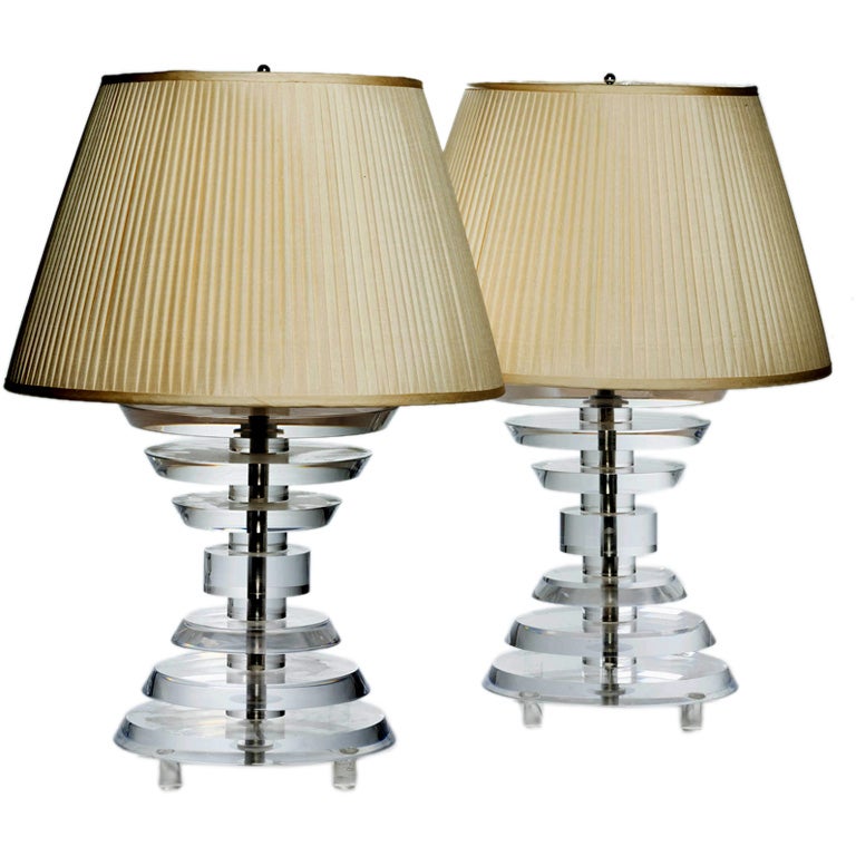 An Early 20th Century Pair Of Lucite Lamps With Diabolo Shades