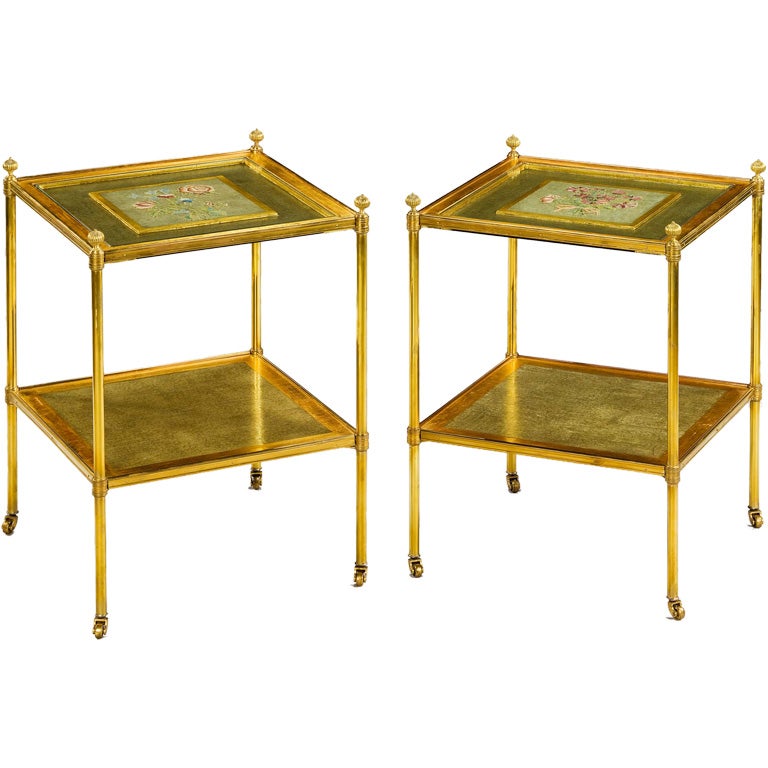 A PAIR OF TWO TIER TABLES WITH FLORAL EMBROIDERY