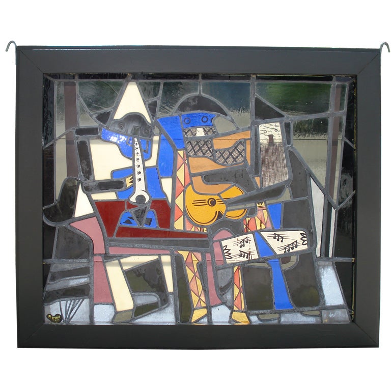 STAINED GLASS WINDOW AFTER PICASSO'S THE THREE MUSICIANS For Sale