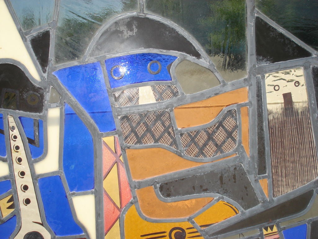 STAINED GLASS WINDOW AFTER PICASSO'S THE THREE MUSICIANS In Excellent Condition For Sale In York, ME