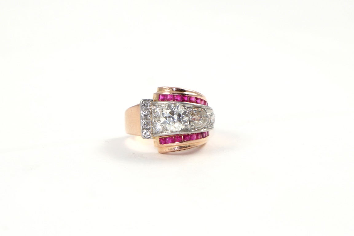 Retro Diamond & Ruby  Ring in 14kt Red Gold