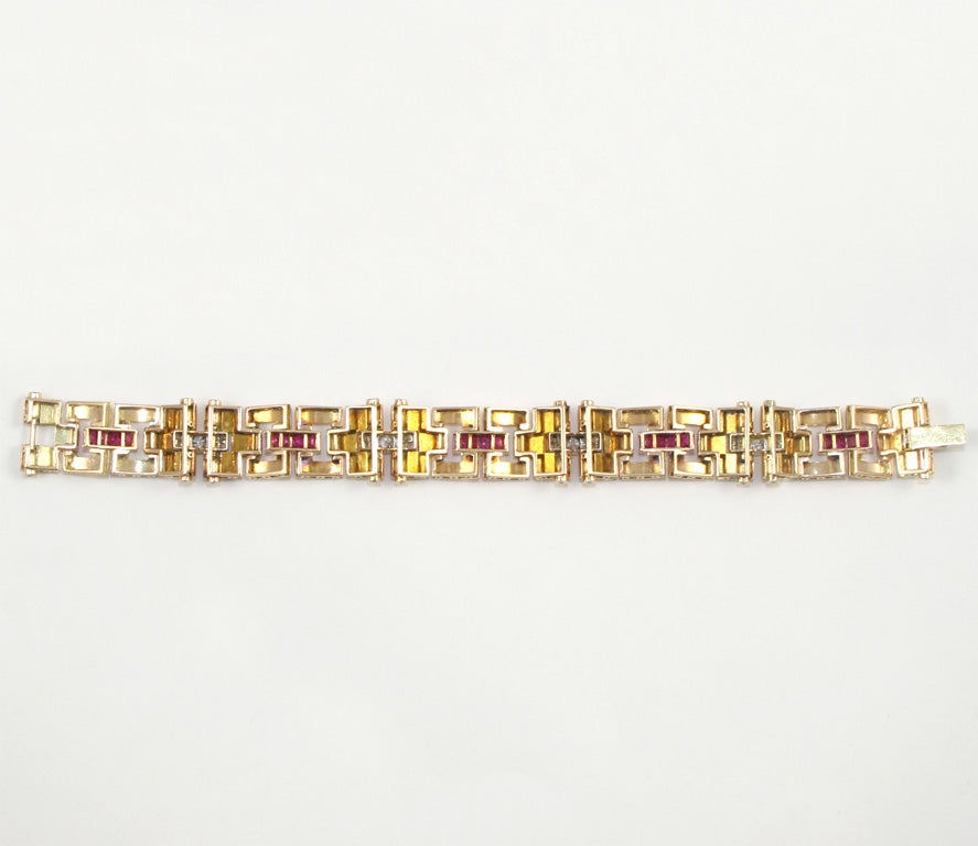 Retro-Armband aus 18 Karat Gold mit Diamanten und Rubinen in verschiedenen Farben 1