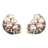 Pair of Diamond, Multi-hued  Sapphire & Cultured Pearl Earings