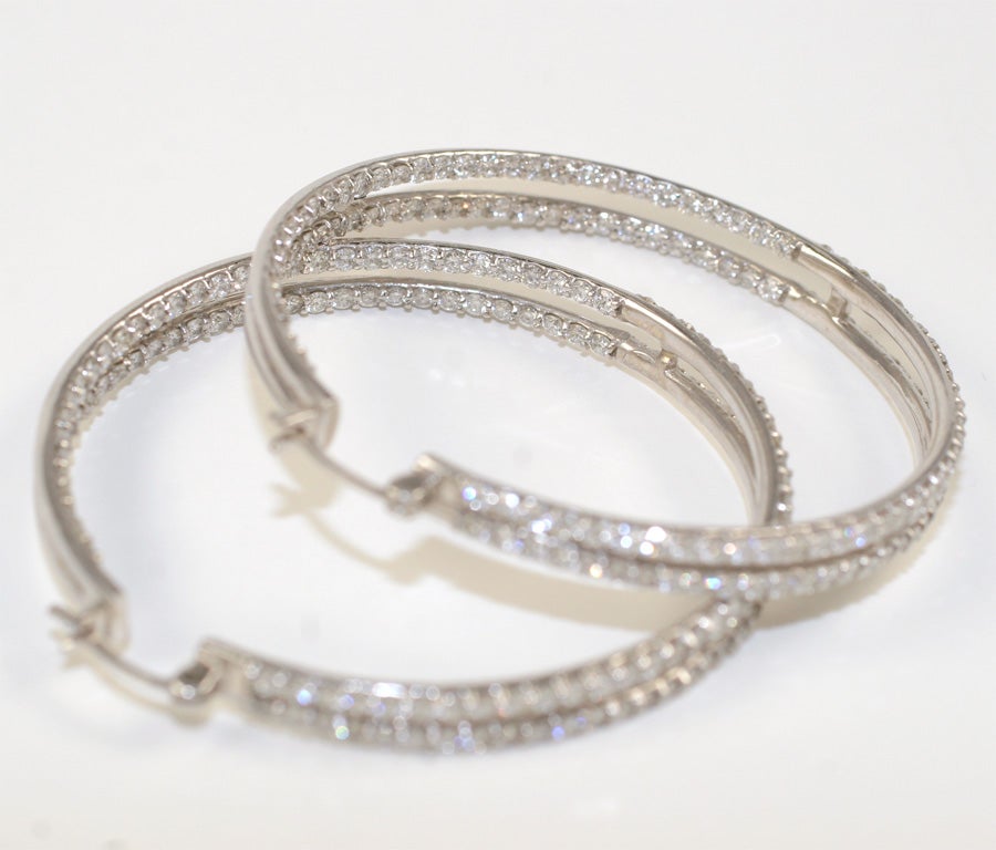Diamond Double Row Hoop Earrings, 7 cttw In New Condition For Sale In New York, NY