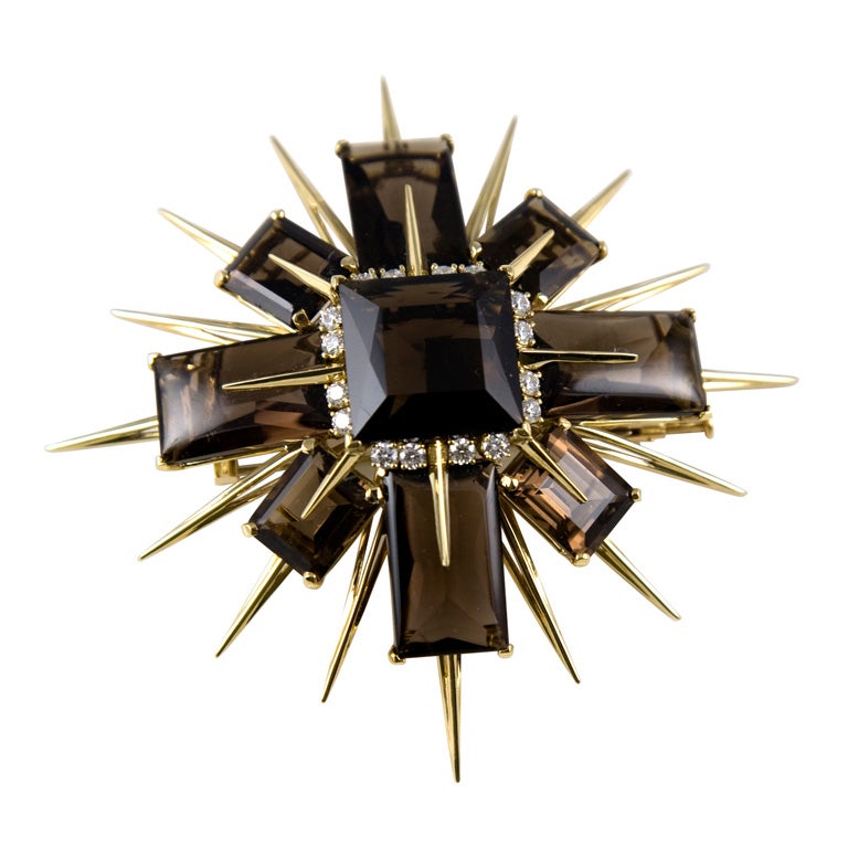 Smoky Quartz and Diamond Brooch by Tony Duquette For Sale