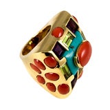 Turquoise, Coral, Amethyst and Peridot Ring in 18k Gold