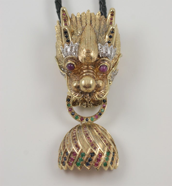 Chinese 14K Gold Foo Dog Doorknocker Pendant on Woven Leather