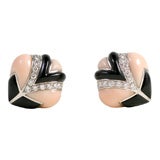 Cellini 18kt White Gold , Coral, Onyx & Diamond Clip on Earings