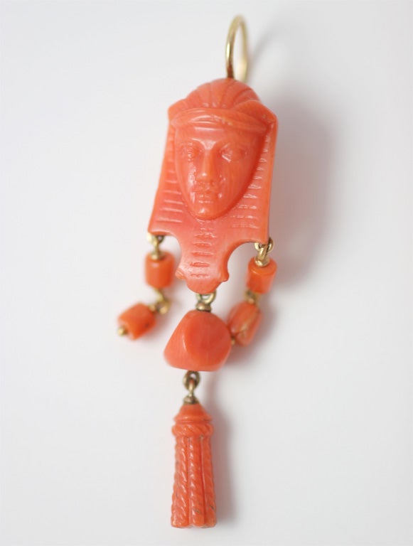 Victorian Egyptian Revival Carved Coral Brooch and Earrings