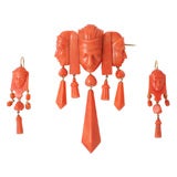 Victorian Egyptian Revival Carved Coral Brooch and Earrings