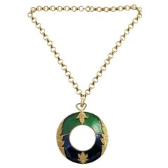 "Gold" Pendant Necklace with Large Blue & Green Enameled Ring, Costume Jewelry