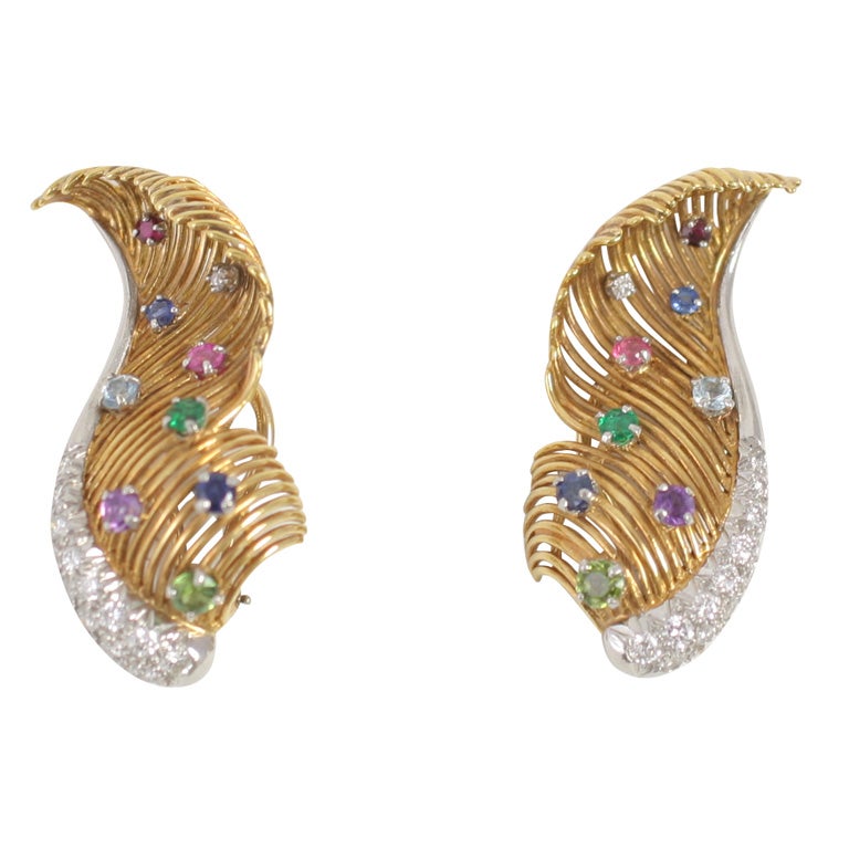 1950s Multi-Gem and Gold Earrings For Sale