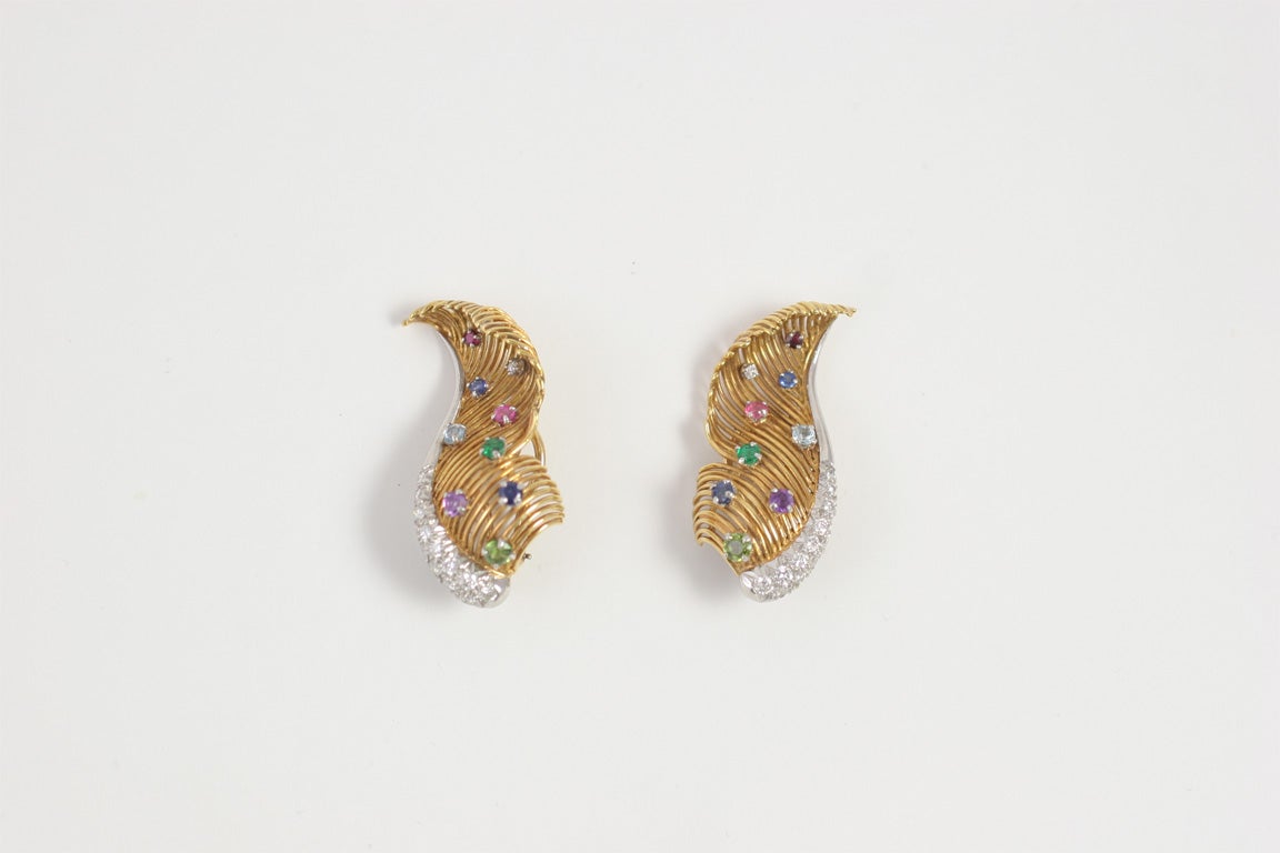 1950s Multi-Gem and Gold Earrings For Sale 3