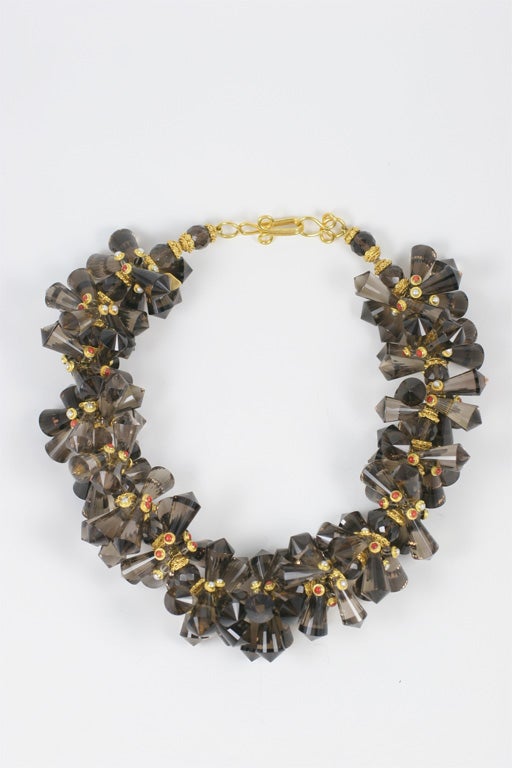 Smokey Quartz Coral Pearl Gold Pinecone Necklace
