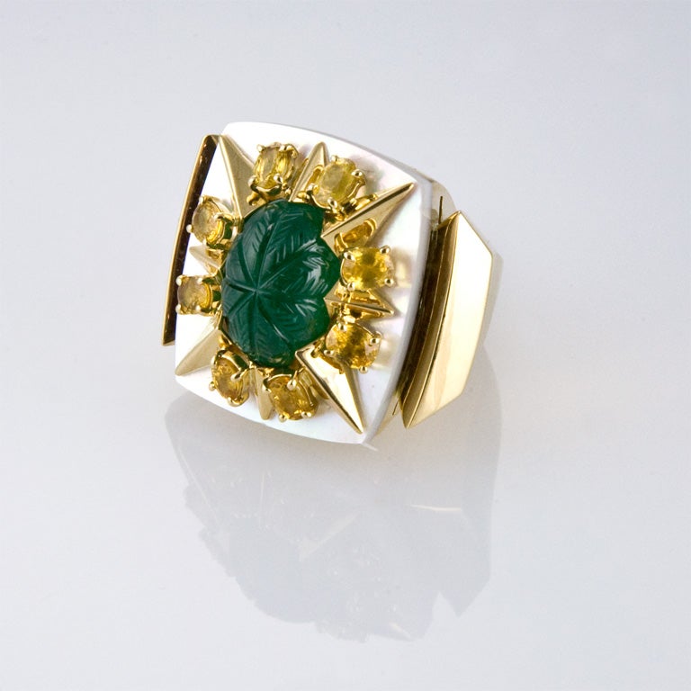 Carved Emerald, Sapphire and Mother of Pearl Ring