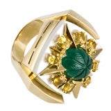 Carved Emerald, Sapphire and Mother of Pearl Ring