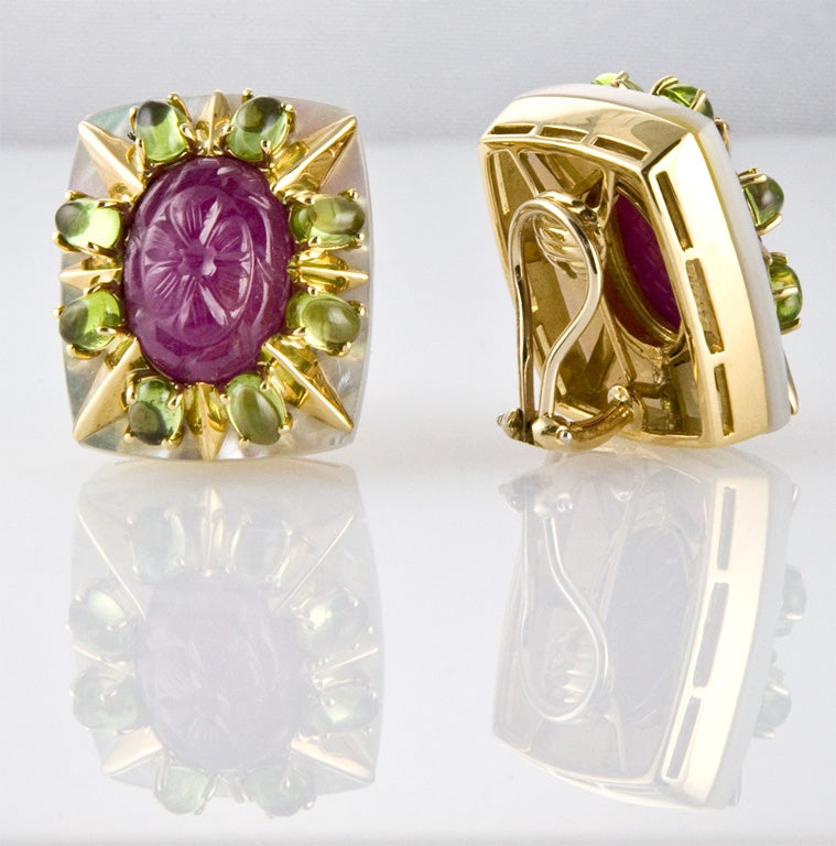 Carved Ruby, Peridot and Mother of Pearl Earrings