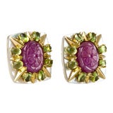 Carved Ruby, Peridot and Mother of Pearl Earrings