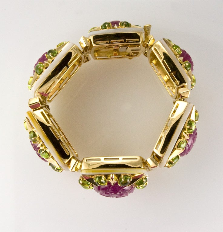 Carved Ruby, Peridot and Mother of Pearl Bracelet