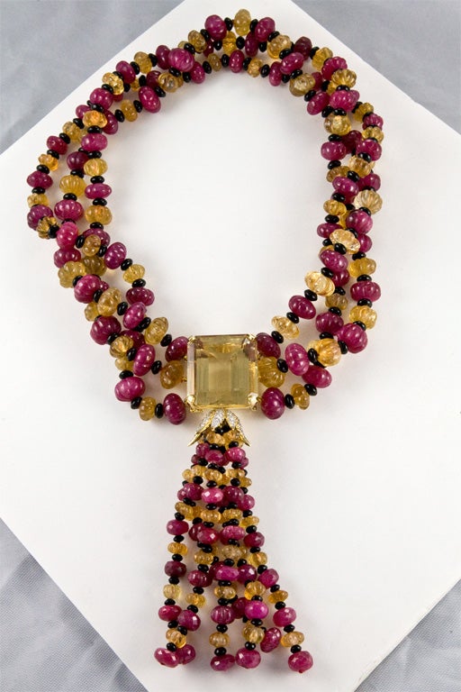 Ruby and Citrine Beads with Black Onyx in 18K gold Necklace