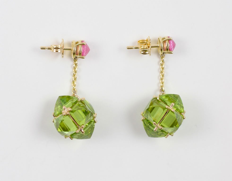 18kt gold Pink Sapphire and Peridot Earrings