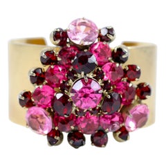 Vintage Vendome "Gold" Cuff with a Cluster of Red and Pink Rhinestones, Costume Jewelry