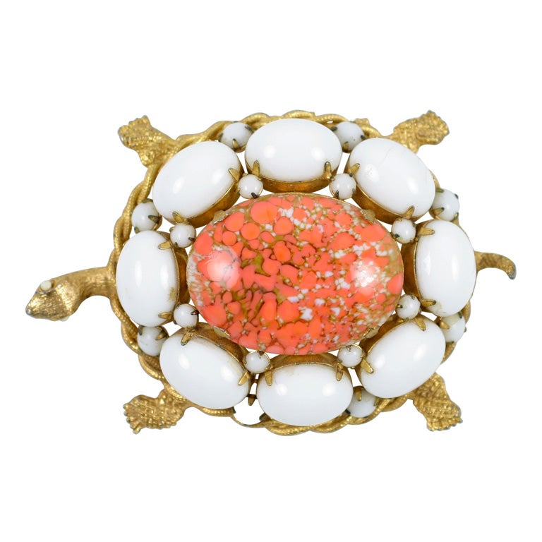"Gold" and "Coral" Cabochon Turtle Brooch by DeNicola, Costume Jewelry