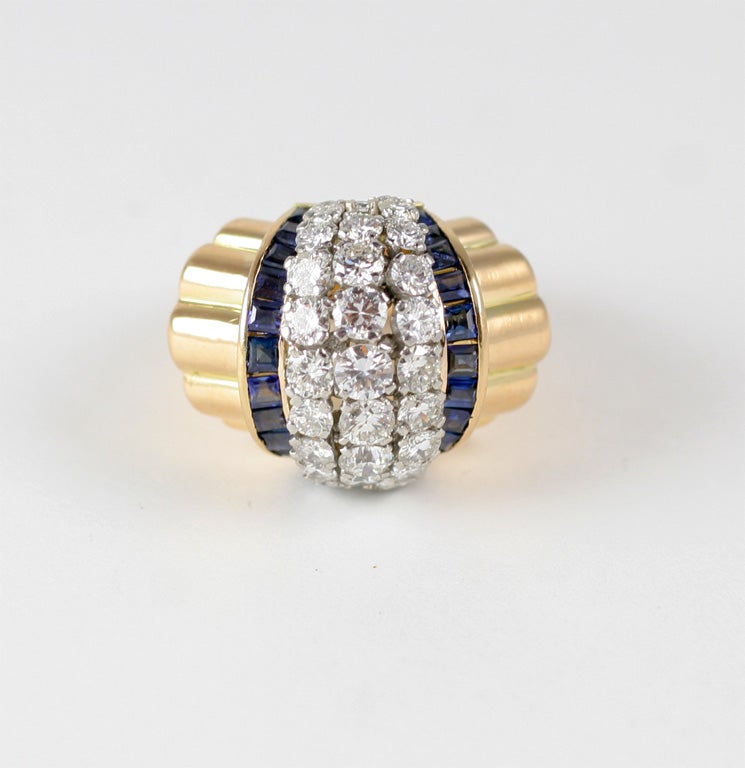 French Retro Sapphire & Diamond 18kt Red Gold Ring