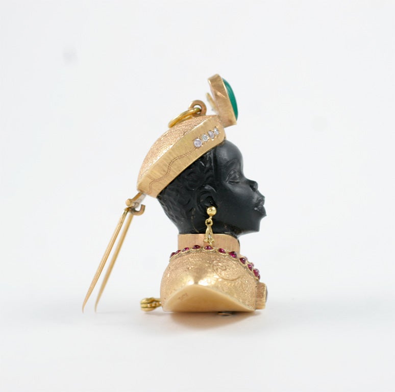 Guilio Nardi, founder of the renowned Venetian jewelry house of the same name, first started to design blackamoors in the early 1920s. Since then these brooches, depicting a Moor’s head and shoulders, have become the house’s trademark. With an