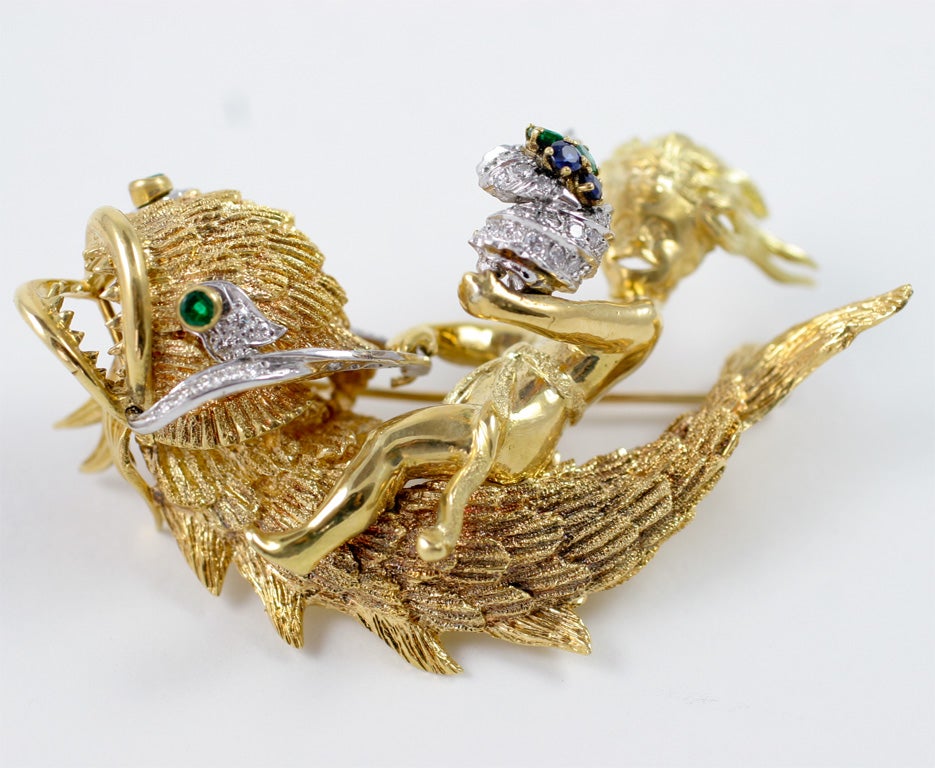 Golden Boy Riding on a Dolphin Brooch For Sale 2
