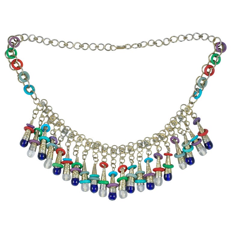 Colorful Exotic Silver Tone Beaded Necklace, Costume Jewelry