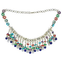 Retro Colorful Exotic Silver Tone Beaded Necklace, Costume Jewelry