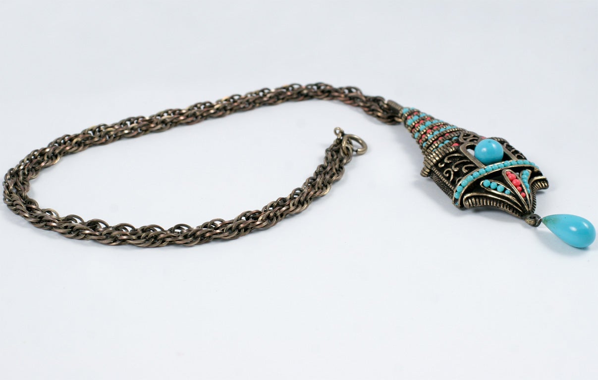 Park Lane "Coral" & "Turquoise" Pagoda Pendant Necklace, Costume Jewelry