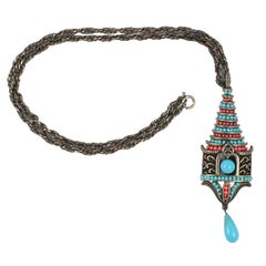 Retro Park Lane "Coral" & "Turquoise" Pagoda Pendant Necklace, Costume Jewelry