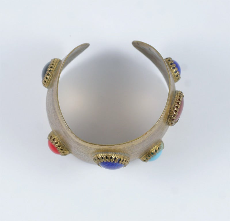 Exotic Cuff with Multi Colored Oval Cabochons, Costume Jewelry For Sale 2