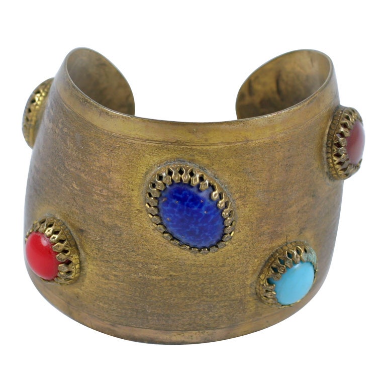 Exotic Cuff with Multi Colored Oval Cabochons, Costume Jewelry For Sale