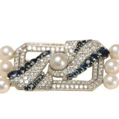 Art Deco Platinum, Daimond and Sapphire Brooch on Pearls