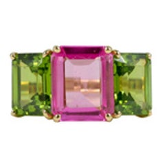 18kt Yellow Gold Emerald Cut Ring with Pink Topaz and Peridot 12