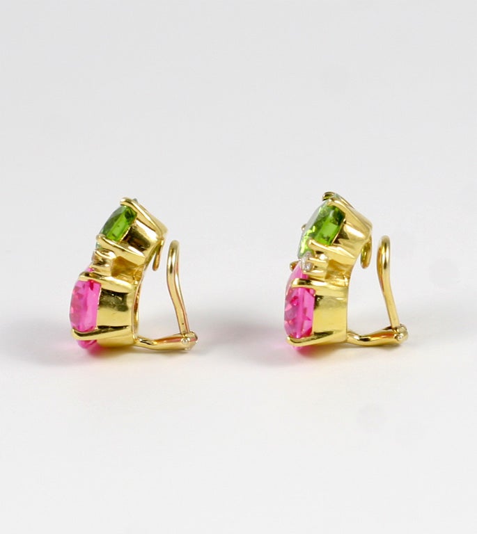 Large 18kt yellow gold GUM DROP™ earrings with peridot (approximately 5 cts each), pink topaz (approximately 12 cts each), and 4 diamonds weighing 0.60 cts.

The Gum Drop Collection can be customized.  You may select any stones that you would like. 